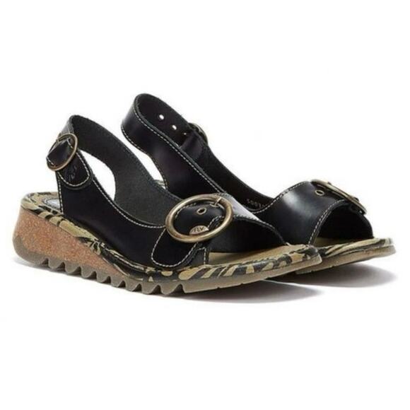 Fly London Tram Leather Buckle Slingback Wedge Sandals Size 38 US 7-7.5 Casual - Picture 1 of 13